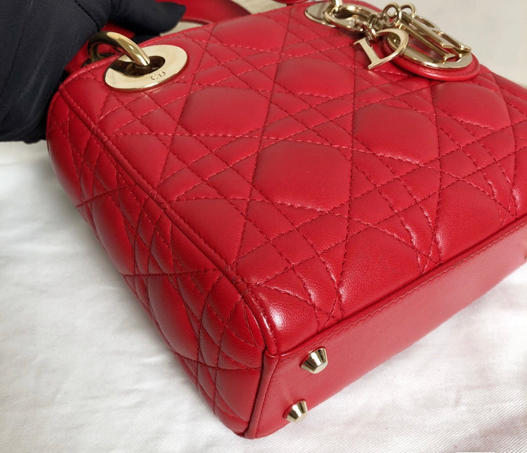 Sold Lady Dior Red Mini handbag Cannage Leather with strap