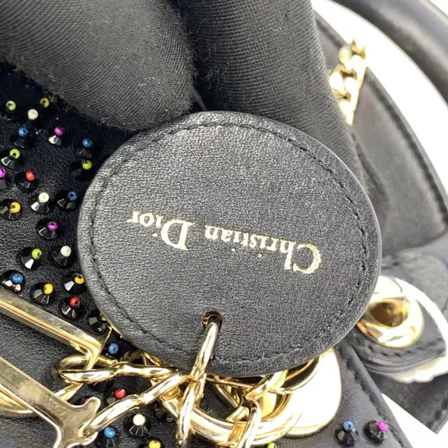 Lady Dior Mini Black Calfskin Leather with Multicolor Crystals Gold Hardware
