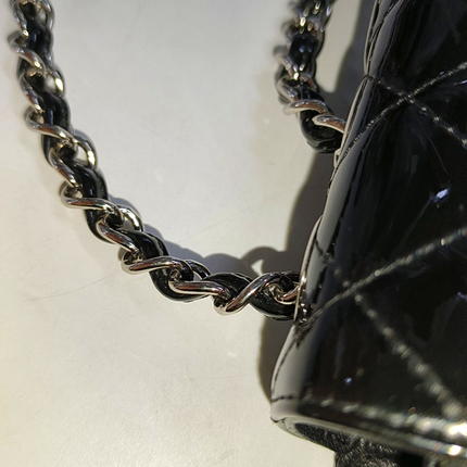 Chanel Baguette Flap Shoulder Bag Black Patent Leather Silver Double Chain