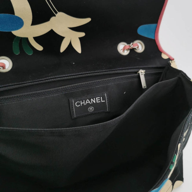 Chanel 2.55 Flap Bag Vintage Chocolate Bar Multipocket 2000 Large Black Fabric with Bird Print