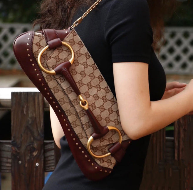 Gucci Horsebit 1955 Large Cloth Beige Monogram Burgundy Leather Shoulder bag