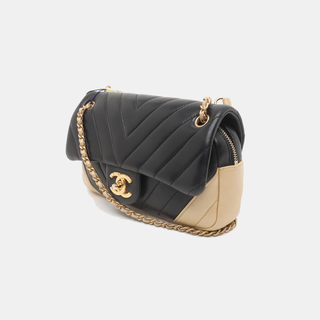 Chanel Small Bicolor Chevron Lambskin Single Flap Bag Black and Gold, 2014-15