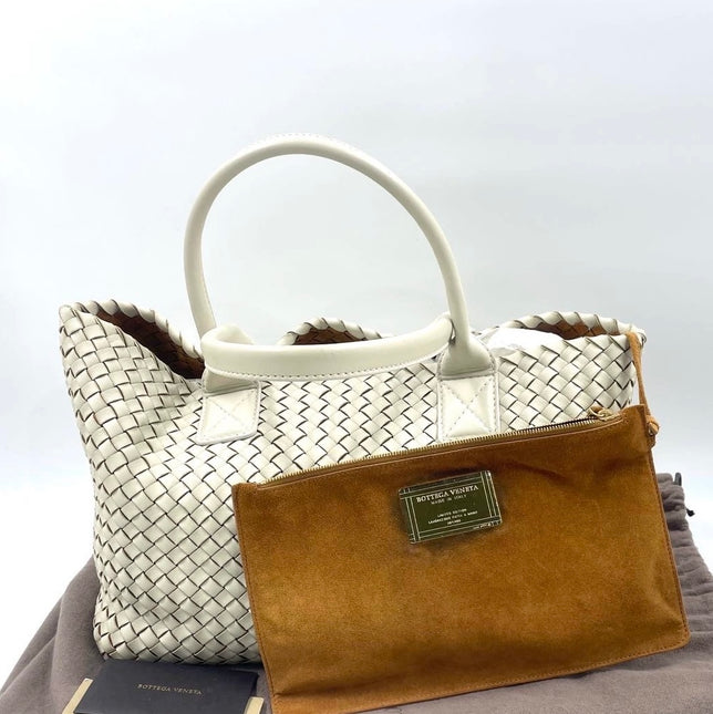 Bottega Veneta Cabat Tote Small/Medium Intreccio Cream White Leather and Suede Lining 32cm-Luxbags