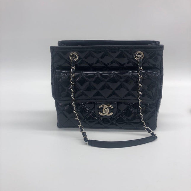 Chanel Coco Shine Small Tote Black Quilted Patent Leather Silver Hardware 2014-15