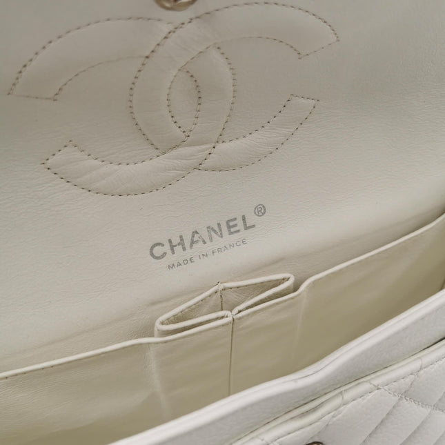 Chanel Classic Flap Medium 2008 White Caviar Leather Silver Hardware