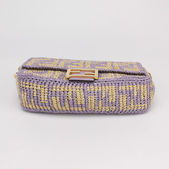Fendi Baguette Medium Beige Lavender Raffia Leather Crossbody Bag