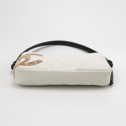 Chanel Cambon Clutch White Leather Snake Skin CC Logo Black Strap