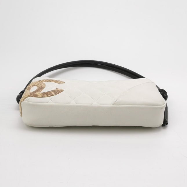 Chanel Cambon Clutch White Leather Snake Skin CC Logo Black Strap