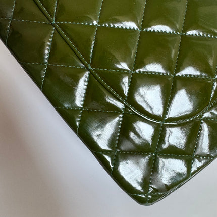 Chanel Classic Flap Jumbo Large Green Patent Leather Silver Hardware
