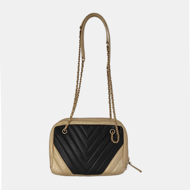 Chanel Camera Bag Chevron Stitching Black Gold Lambskin Leather Double Gold Chain, 2014