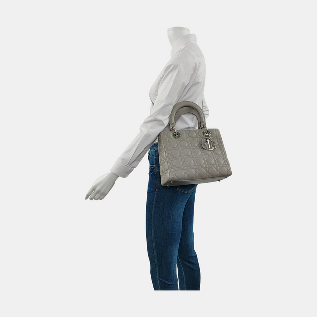 Lady Dior Medium Grey Lambskin Leather Silver Hardware Leather Strap