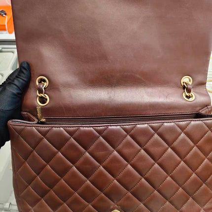 Chanel Classic Flap Maxi Chocolate Brown Lambskin Leather Single Flap Gold Hardware
