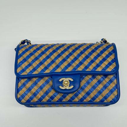 Chanel Mini Raffia Jute Striped Flap Bag Blue Diamond Wild Stitch