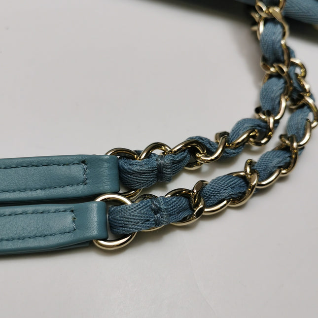 Chanel Deauville Tote Light Blue Turquoise Stripes Cloth Leather Chain Handle Small 34cm
