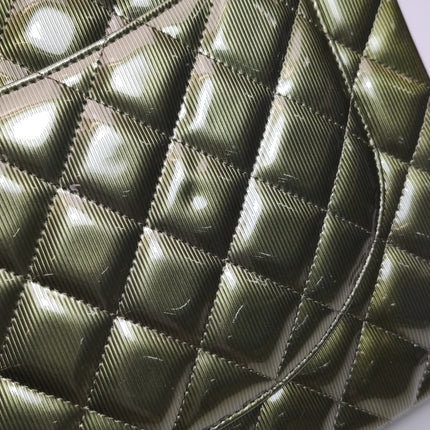 Chanel Classic Flap Maxi Metallic Green Patent Leather Double Flap Sliver Hardware 2012