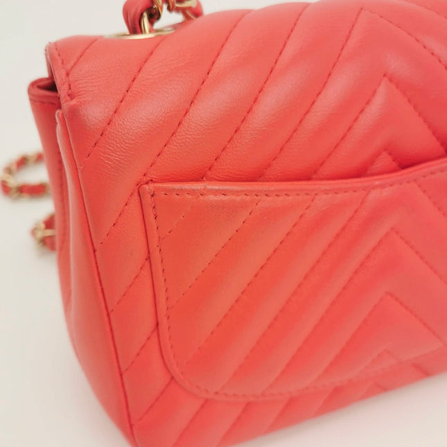 Sold Chanel Classic Flap Square 2019 Coral Orange Chevron Lambskin Leather Bag