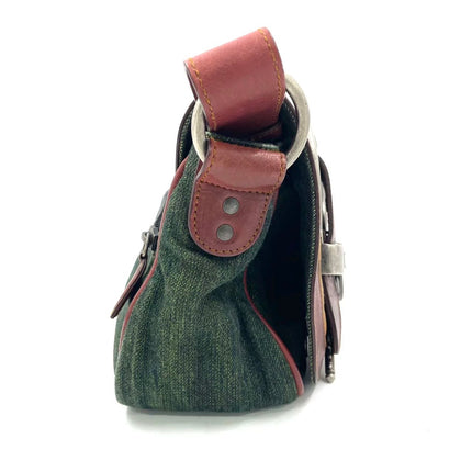 Dior Vintage Gaucho Mini Green Denim Burgundy Leather Crossbody Bag 2006