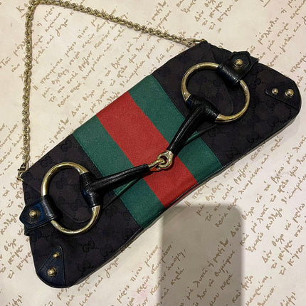 Gucci Horsebit 1955 Cloth Black Monogram Red Web Large Shoulder bag