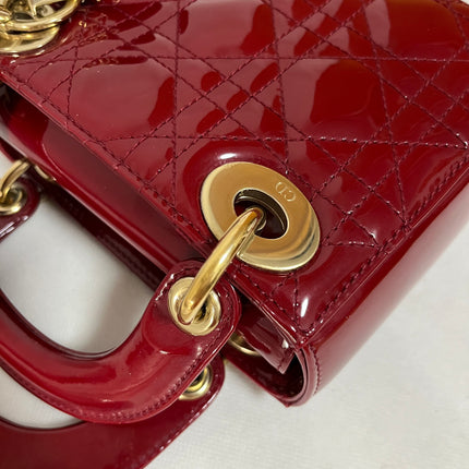 Lady Dior Mini Handbag 2019 Burgundy Red Patent Leather Gold-tone Chain Strap