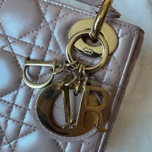 Lady Dior Mini Pearlescent Pink Lambskin Leather Gold HW Chain Strap