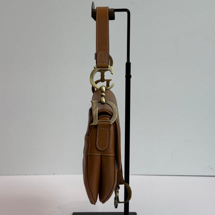 Dior Vintage Double Saddle Brown Leather Gold-tone Hardware