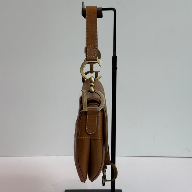 Dior Vintage Double Saddle Brown Leather Gold-tone Hardware