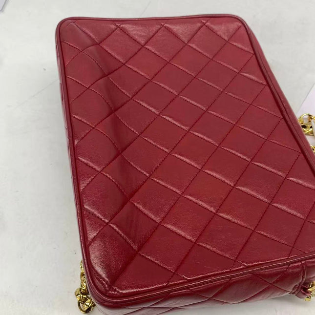 Chanel Vintage Camera Bag Red Lambskin Leather Gold Bajou Chain
