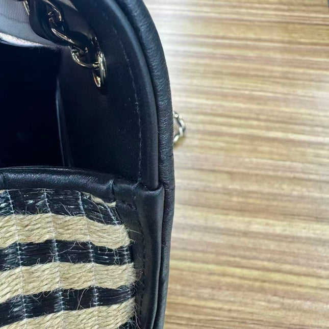 Chanel Medium Raffia Jute Striped Flap Bag Black Diamond Wild Stitch