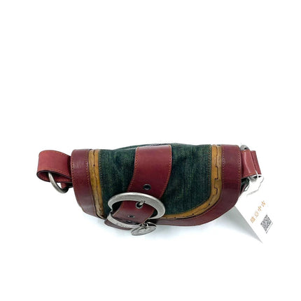Dior Vintage Gaucho Mini Green Denim Burgundy Leather Crossbody Bag 2006