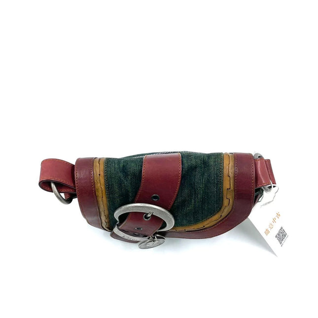 Dior Vintage Gaucho Mini Green Denim Burgundy Leather Crossbody Bag 2006