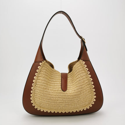 Gucci Jackie 1961 Medium Brown Leather Raffia Shoulder Bag