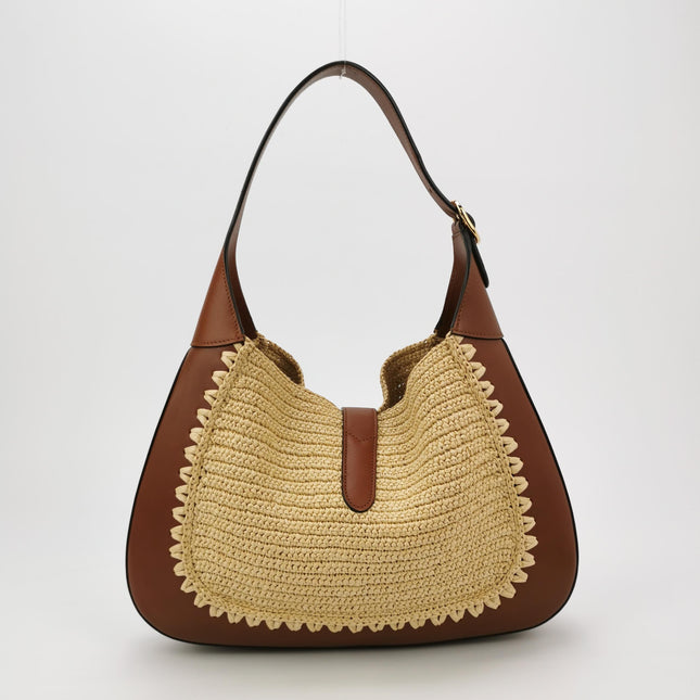 Gucci Jackie 1961 Medium Brown Leather Raffia Shoulder Bag