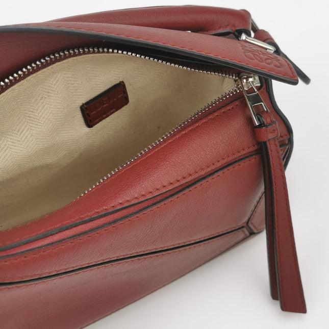 Loewe Puzzle Mini Burgundy Calfskin Leather Crossbody Bag