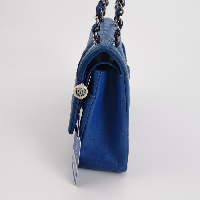 Chanel Timeless Classic Flap Medium Blue Lambskin Leather Silver Hardware