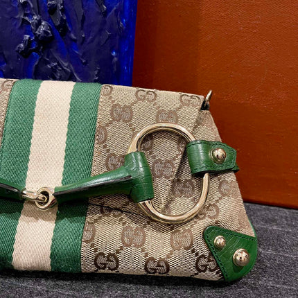 Gucci Horsebit 1955 Chain Bag Gucci Monogram Green Leather and Gold Studs