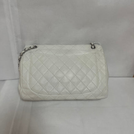 Chanel Classic Flap Maxi White Caviar Leather Silver-tone Hardware Giant CC Logo