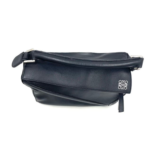 Loewe Puzzle Small Black Smooth Leather White Logo With Metal Feet