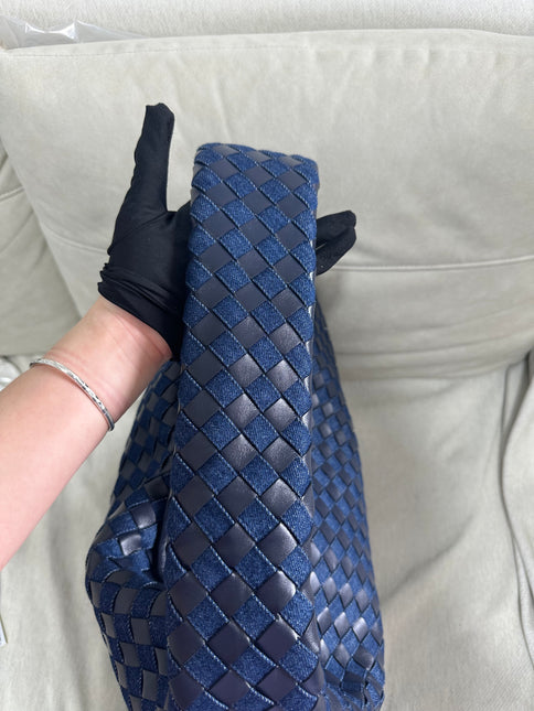 Bottega Veneta Hop Large Leather and Denim Intrecciato Navy Hobo Bag 55cm