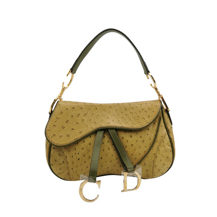 Dior Vintage Double Saddle Green Ostrich Leather Gold Hardware