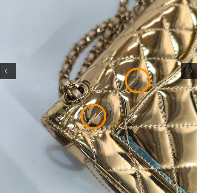 Chanel Classic Flap Mini Square Star Purse Gold Patent Calfskin Leather Mirror Glaze