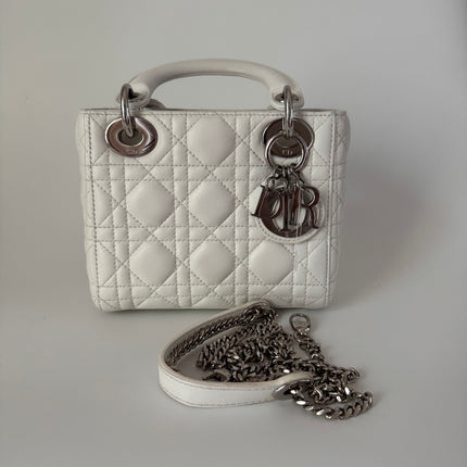 Lady Dior Mini White Lambskin Leather Silver HW Chain Strap 2018