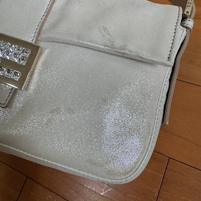 FENDI Baguette 1997 White Pearlescent Fabric Crystal Buckle Shoulder Bag