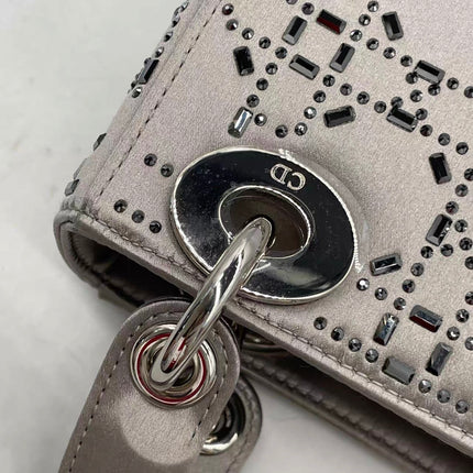 Lady Dior Mini Grey Silk with Crystals Silver Hardware