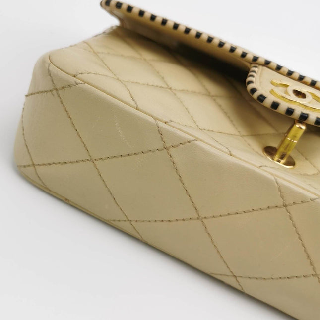 Sold Chanel Classic Flap Medium Happy Stitch Beige Leather with Contrast Black Trim