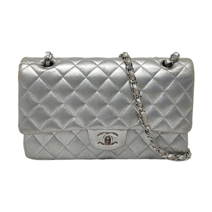 Chanel Classic Flap Medium Silver Lambskin Leather Silver Hardware-Luxbags