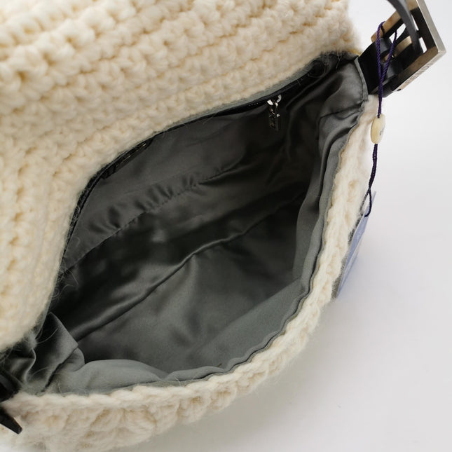 Fendi Baguette Bag White Crochet Knit Wool Pompom Shoulder Bag
