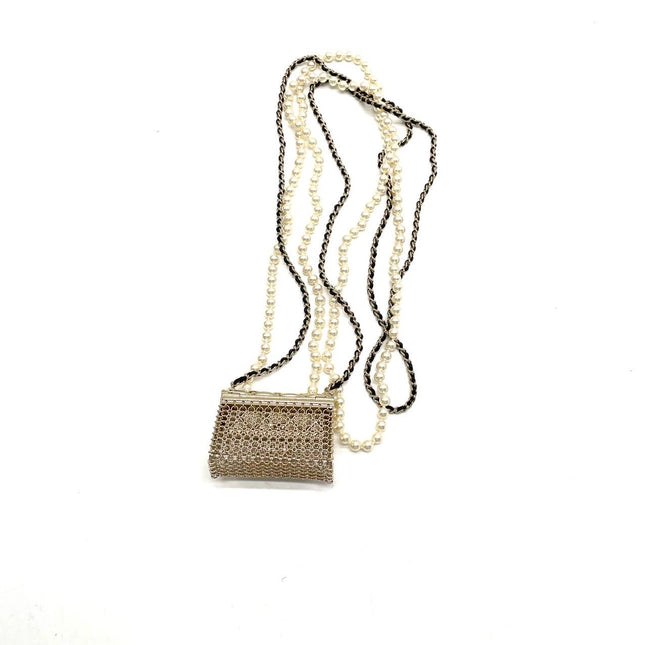 Chanel Micro Flap Bag Charm Chain Long Necklace with Matelasse and Pearl Chain 102cm