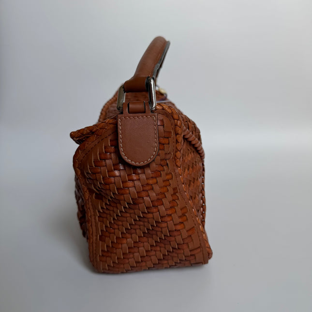 Loewe Puzzle Small Leather Woven Braided Caramel Tan Crossbody Bag