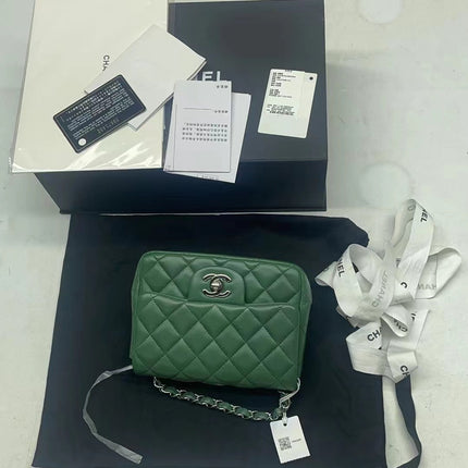Chanel Classic Flap Mini Square Dark Green Lambskin Crossbody Bag Full Set, 2019