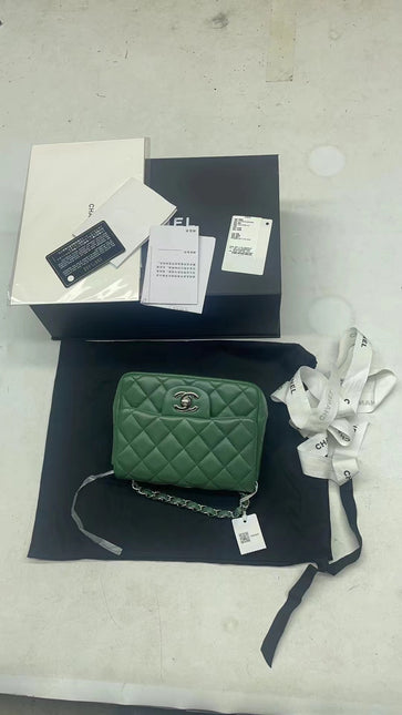 Chanel Classic Flap Mini Square Dark Green Lambskin Crossbody Bag Full Set, 2019